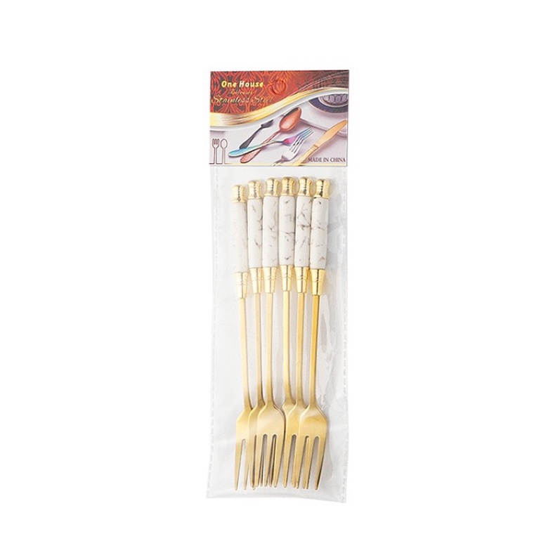 Thìa dĩa cán sứ set 6 chiếc cao cấp , Nĩa muỗng trái cây inox uống trà cà phê Huydecor
