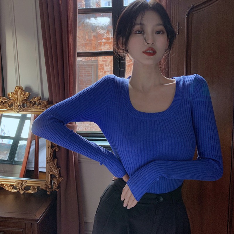 Áo Dệt Kim Tay Dài Cổ Chữ U Thiết Kế Màu Trơn Thanh Lịch