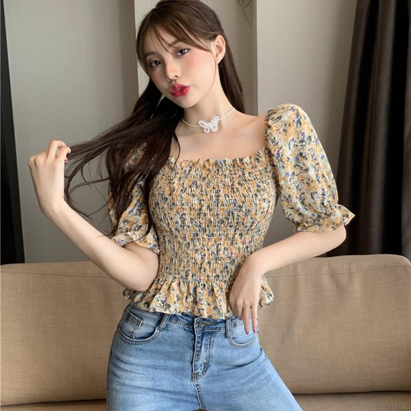 Áo Kiểu Tay Ngắn Chất Chiffon Hoạ Tiết Hoa Thiết Kế Trễ Vai Quyến Rũ