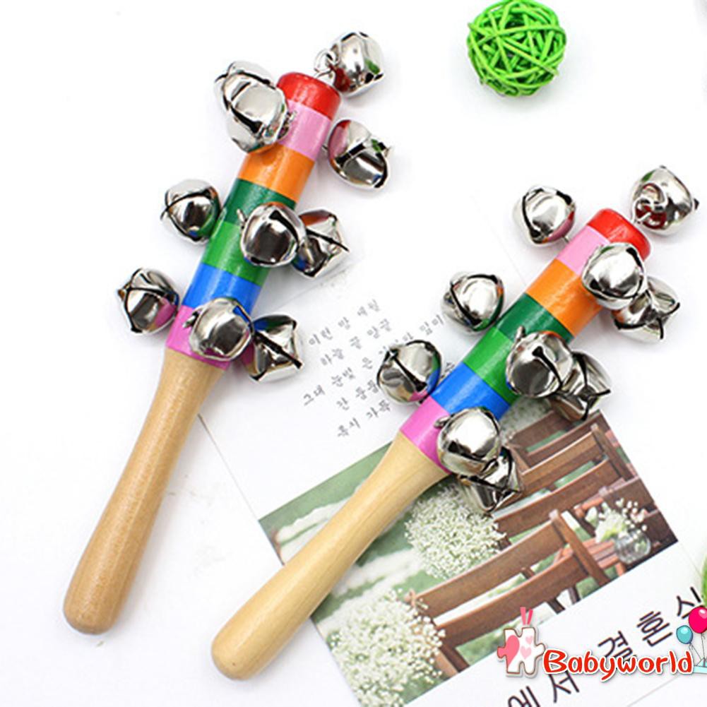 18cm Baby Wooden Shaking Rattle Rainbow Color Infant Hand Jingle Bell Toys