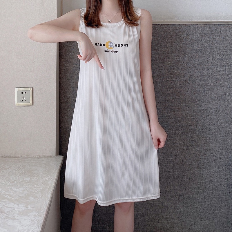 Pijama Váy Ngủ Nữ Mặc Ở Nhà 3 Ba Lỗ Có Đệm Ngưc Mùa Hè Vải Co Giãn 4 Chiều Thời Trang Cộc Tay Xuân Thu Đi Chơi Biển VN21