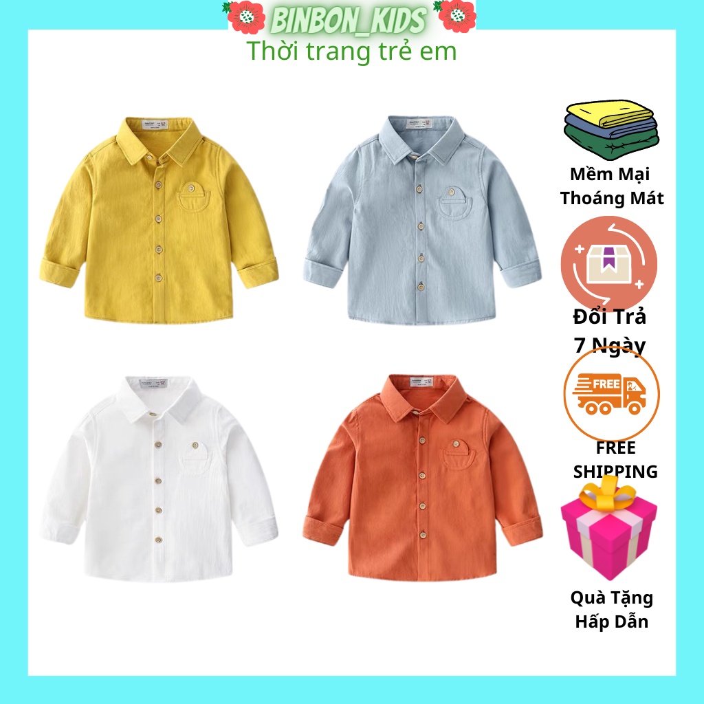 Áo Sơ Mi Cho Bé Trai, Áo Dài Tay Bé Trai chất Thô Đũi Cao Cấp Từ 10-27kg-BINBON KIDS