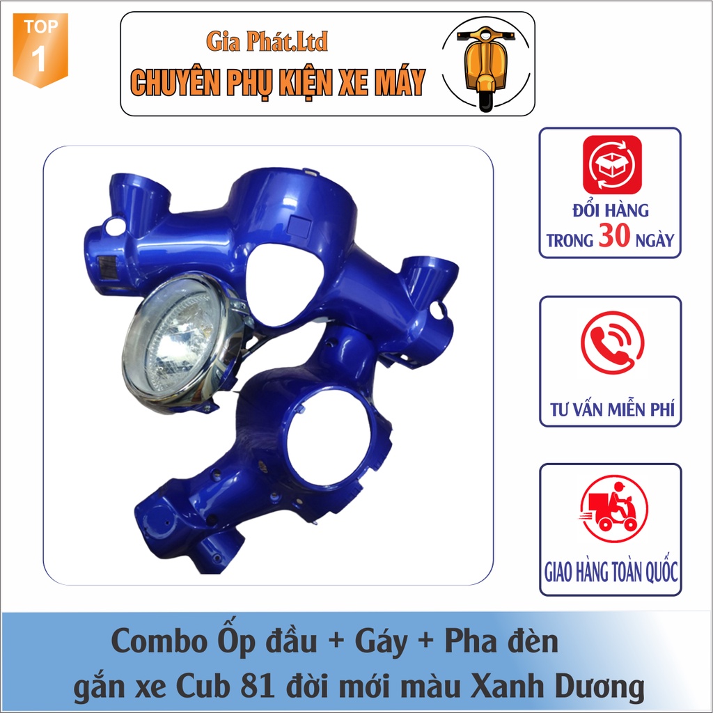 Combo Ốp đầu màu Xanh Dương gắn xe Cub 81 đời mới đầy đủ ốp đầu trước,gáy sau và pha đèn kèm bóng