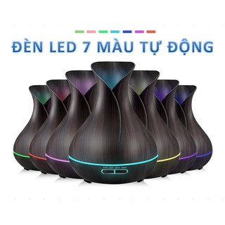 Máy xông tinh dầu bình hoa tulip vân gỗ cao cấp 550ml | có hẹn giờ| đèn led 7 màu tặng 1 tinh dầu