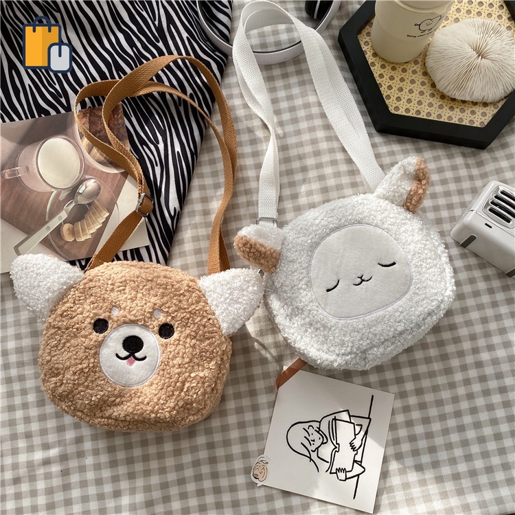 Túi Đeo Chéo Hình Tròn Họa Tiết Thú Nhồi Bông Dễ Thương Cho Nữ