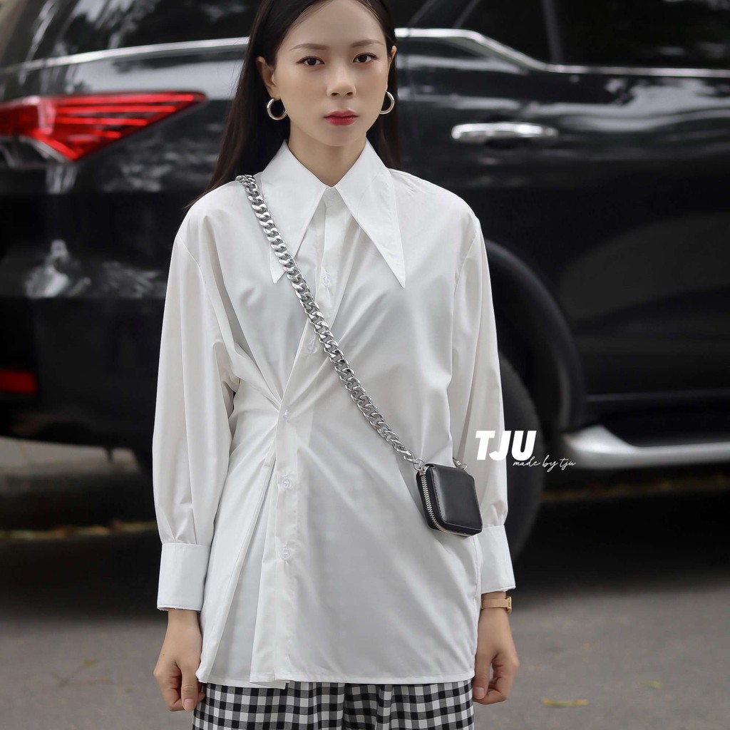 Sơ mi nữ dài tay màu trắng phối đai cổ dài, Sơ mi nữ dài tay phối đai ulzzang, Hàn Quốc, thiết kế T-Ju (somi kelly)