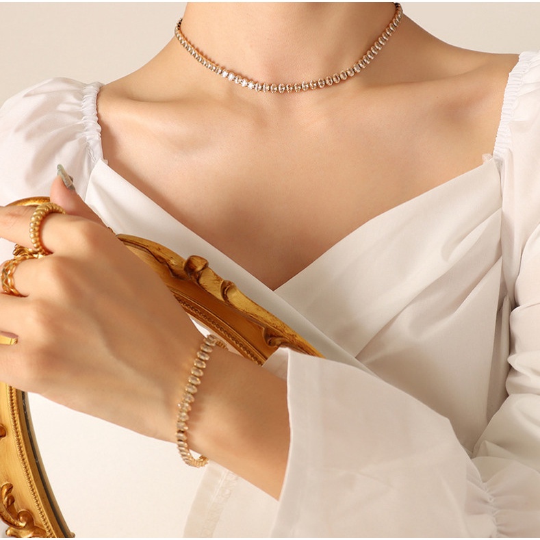 Dây Chuyền Hoặc Lắc Tay Bộ Trang Sức Đá Nhân Tạo Zircon Sang Trọng Titan Ko Đen TT 4243