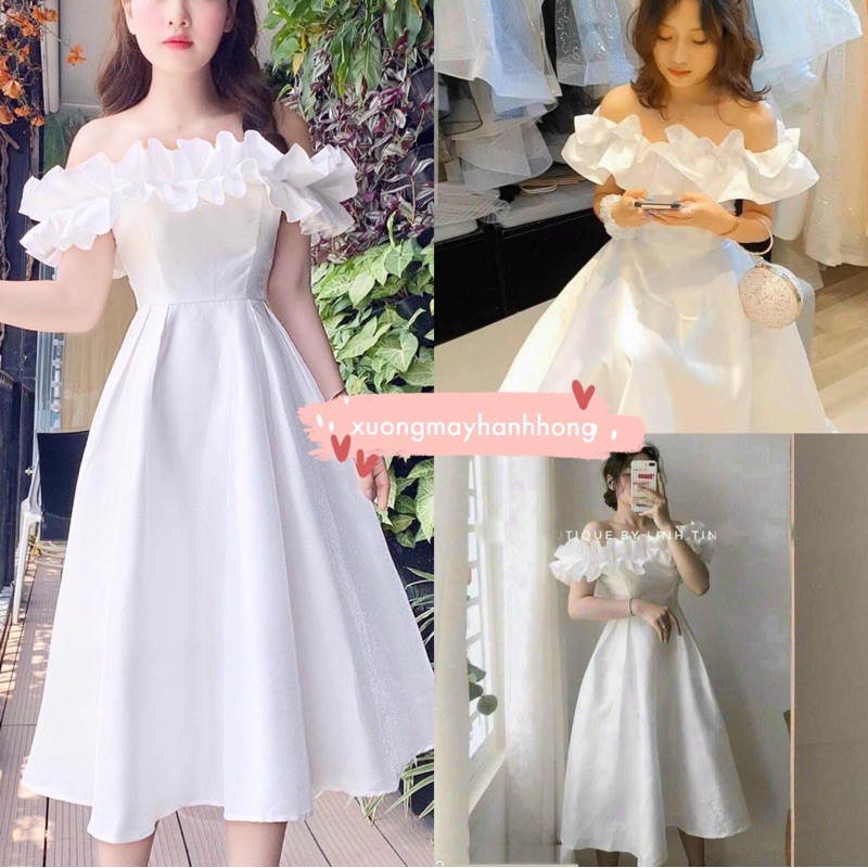 Đầm trắng trễ vai tiểu thư công chúa, Váy trắng xoè bồng sang chảnh