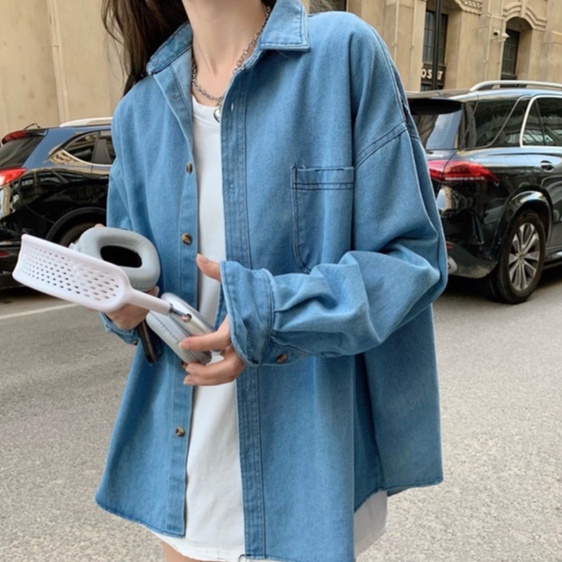 ZHELIHANGFEI Áo Sơ Mi Denim Tay Dài Form Rộng Theo Phong Cách Preppy Dễ Phối Đồ