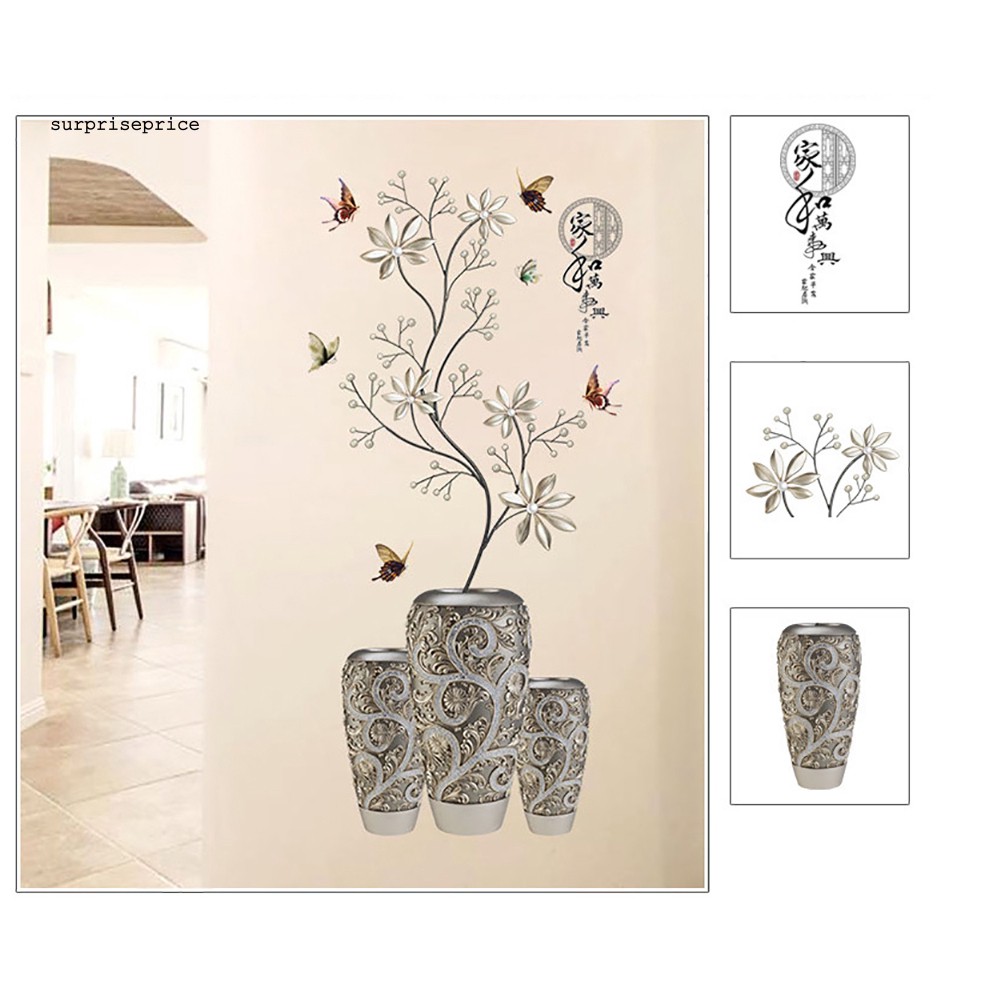 Giấy dán tường trang trí hình lọ hoa và bướm đáng yêu bắt mắt