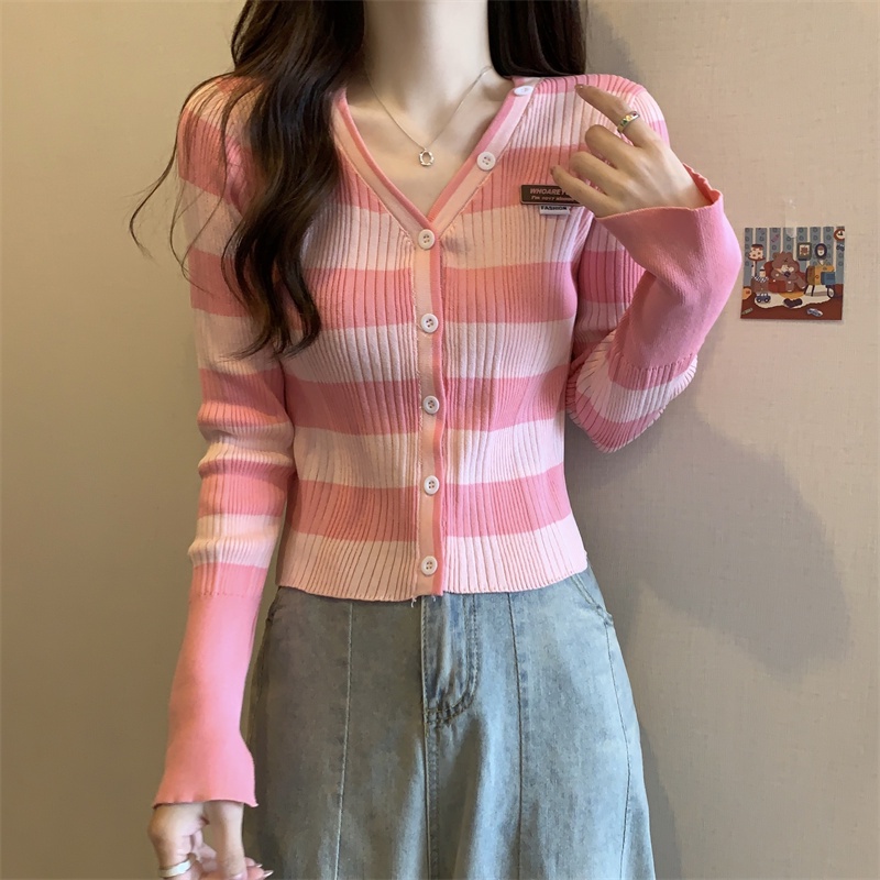 SUXI Áo Cardigan Dệt Kim Kẻ Sọc Dáng Ôm Phong Cách Cổ Điển Thời Trang Quyến Rũ Cho Nữ