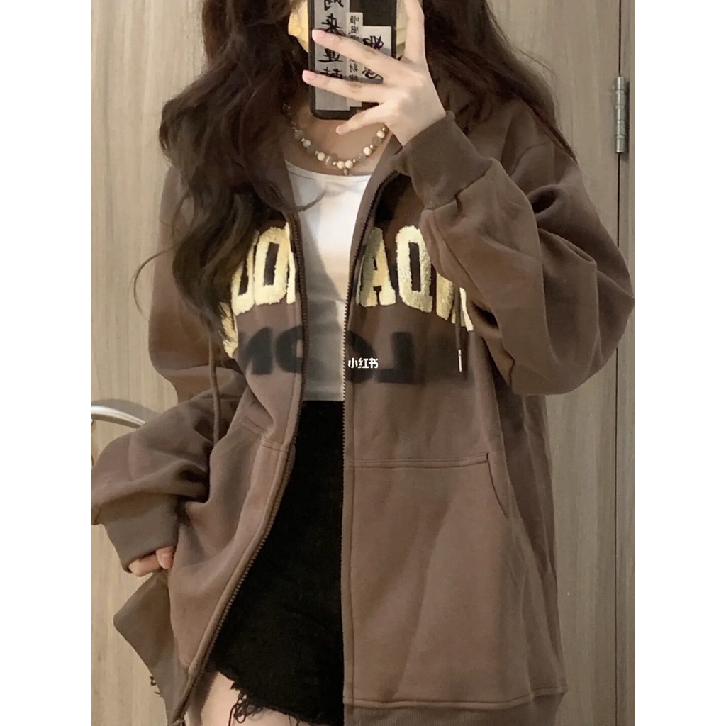 Siêu Hot [Mùa Thu Kỷ Học tháng Chín] Áo Hoodie Dáng Rộng Phối Khóa Kéo Phong Cách Harajuku BF Hợp Thời Trang Mùa Thu Dành