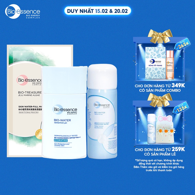 Bộ Kem chống nắng Bio-Essence BioWater spf50 40ml+Nước khoáng BioWater Energizing 30ml+Mặt nạ Jeju 20ml