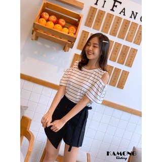 Set quần giả váy + áo thun sọc hở vai