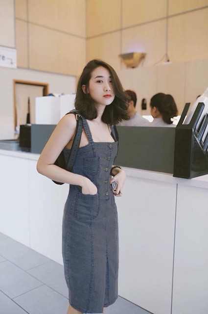 ❤️ẢNH CHỤP THẬT ĐẦM JEAN 2 DÂY GIẢ CÓ TÚI