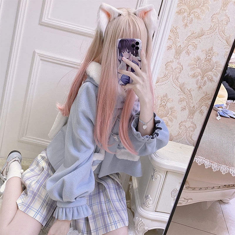 Tóc giả nữ mũ đội đầu thực tế tóc dài thẳng lưới màu đỏ lolita lolita mặt tròn tóc mái bằng jk tóc giả đầy đủ