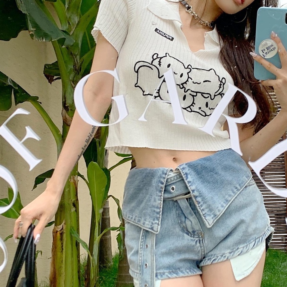 Áo croptop ZHELIHANGFEI cổ polo dệt kim tay ngắn thiết kế quyến rũ cá tính cho nữ