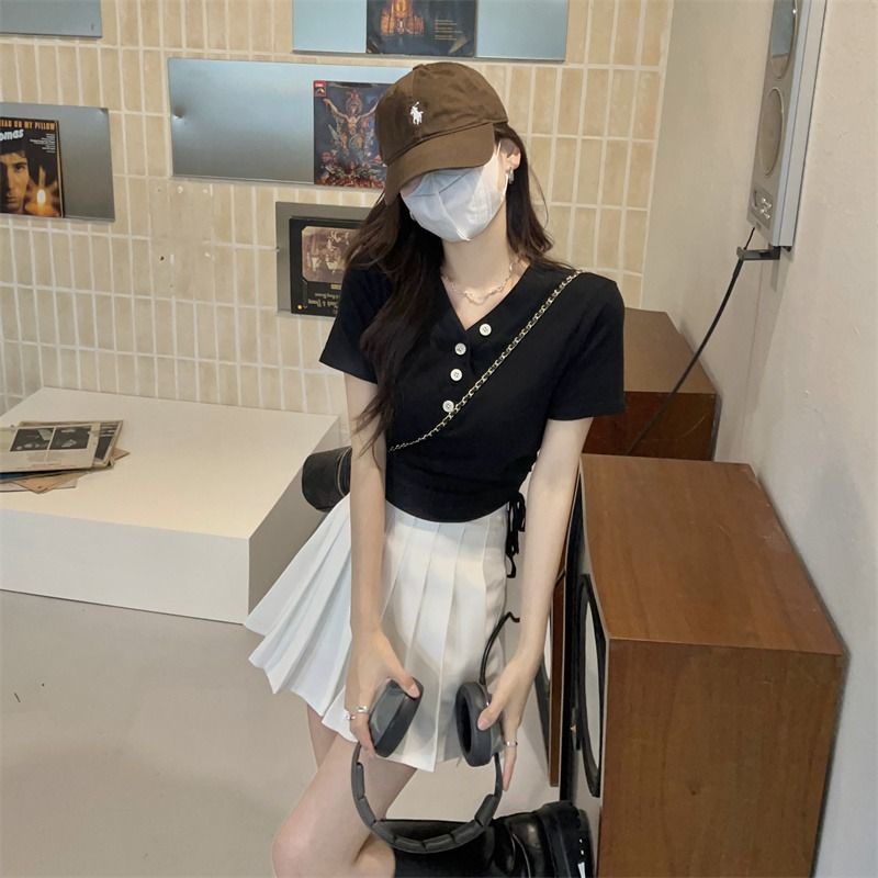 IELGY Áo Thun Tay Ngắn Cổ Chữ v Phối Dây Rút Thời Trang Cho Nữ