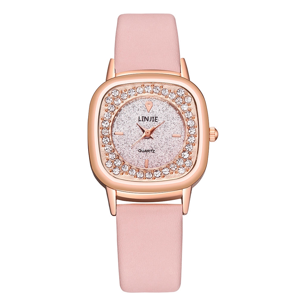 Đồng hồ mặt vuông đính đá phối dây da thời trang cho nữ