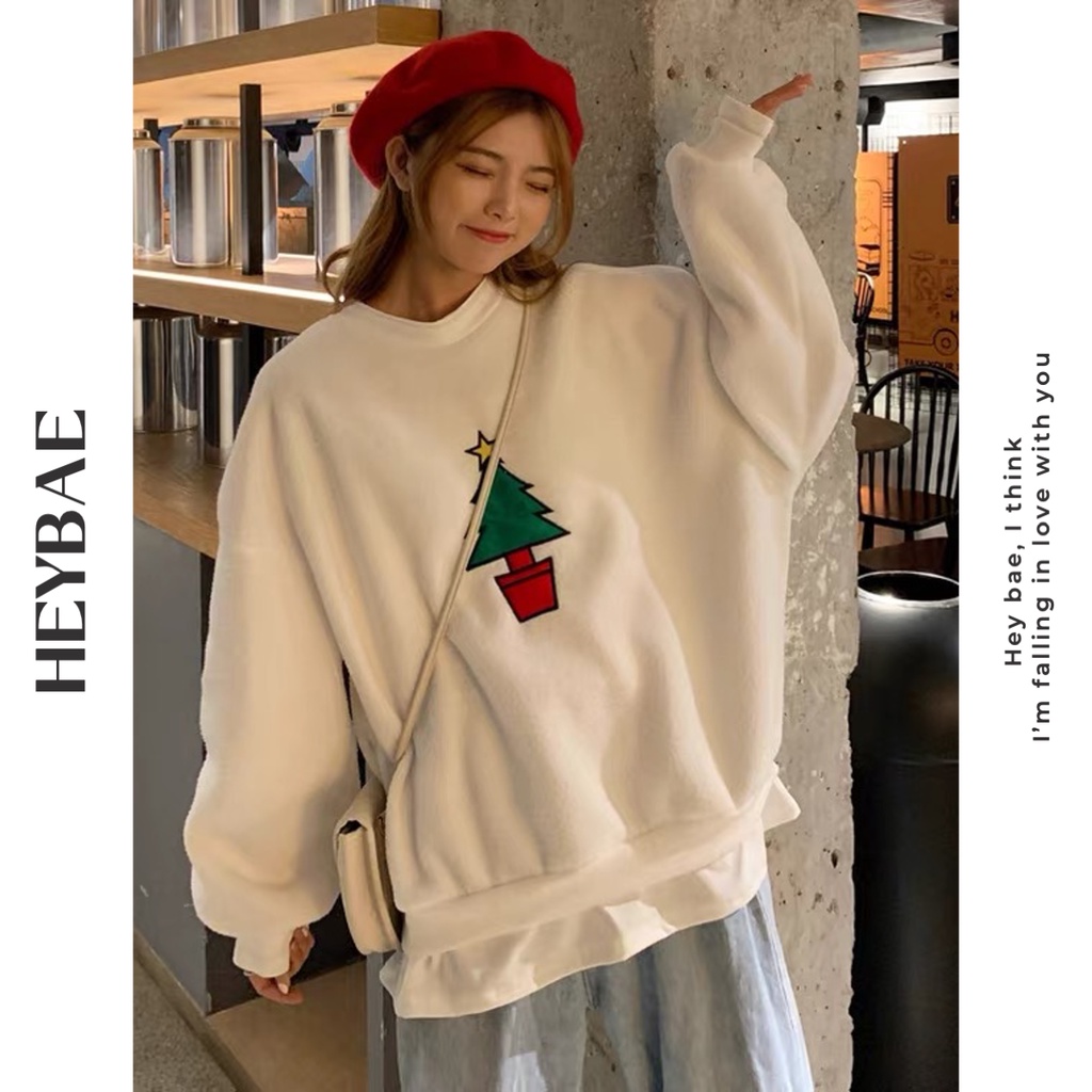 Áo sweater oversize Xmas HEYBAE vải nỉ ngoại dáng rộng hoạ tiết Giáng sinh có mũ dài tay nỉ dày dặn AK052 | BigBuy360 - bigbuy360.vn
