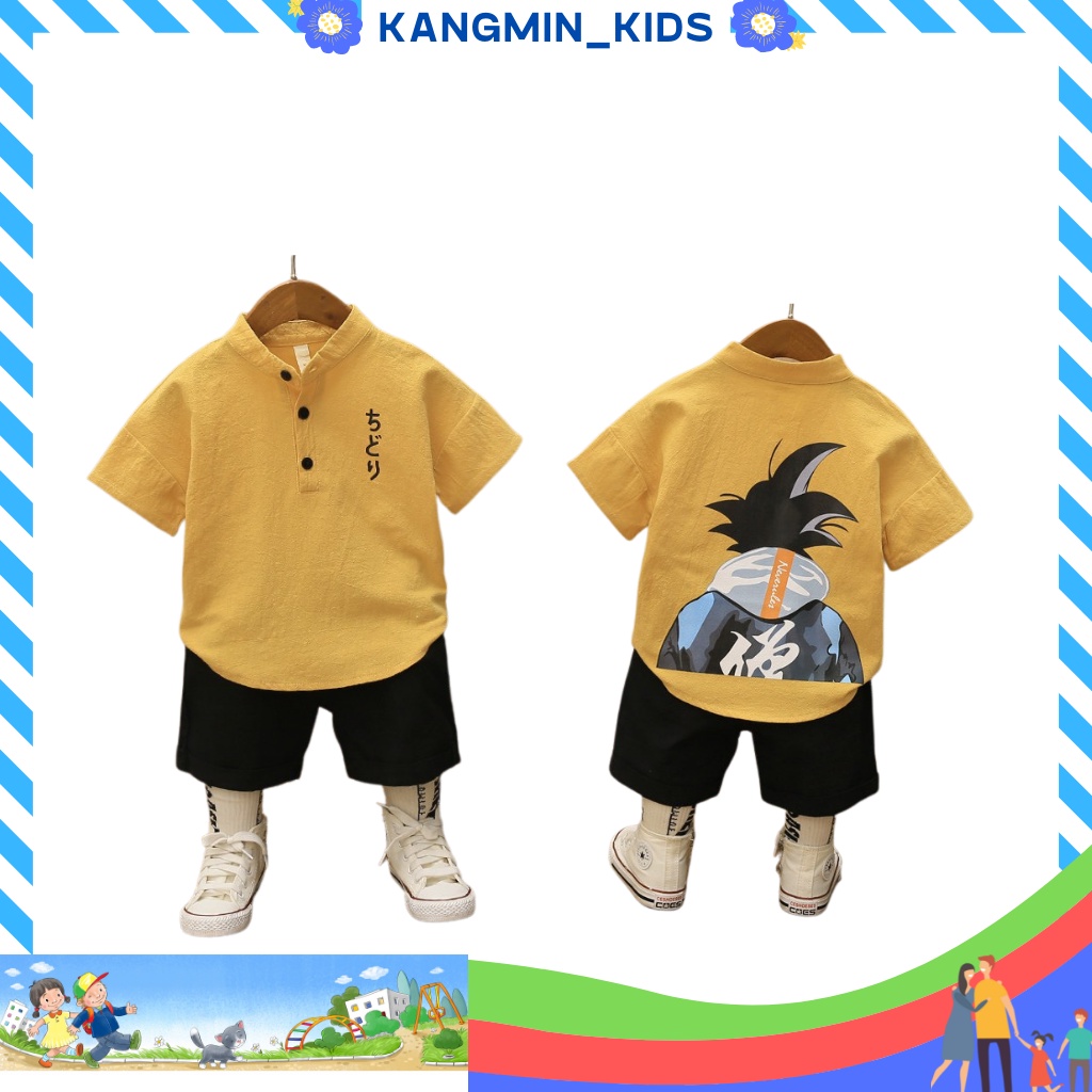 Bộ quần áo bé trai chất đũi Kangminkids, bộ cộc tay bé trai họa tiết hoạt hình Chidori001, quần áo trẻ em từ 6-27kg