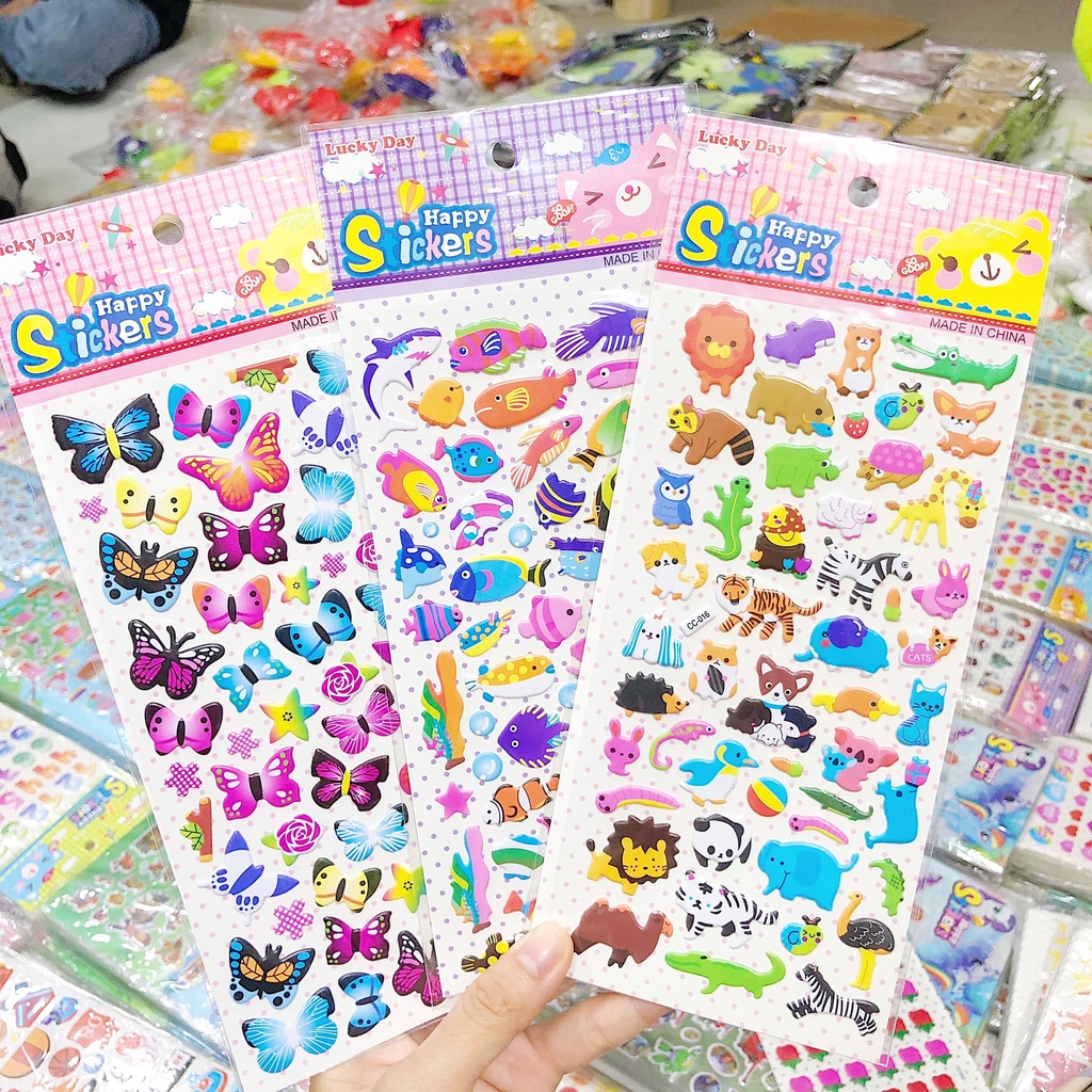 Sticker, hình dán động vật dễ thương, hình dán nổi kitty, doreamon, công chúa, heo peppa