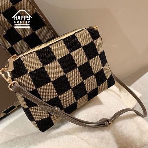 HAPPY HOMLIV Túi Tote Đeo Vai Cỡ A4 Họa Tiết Sọc Caro Phong Cách Retro Thời Trang Cho Nữ