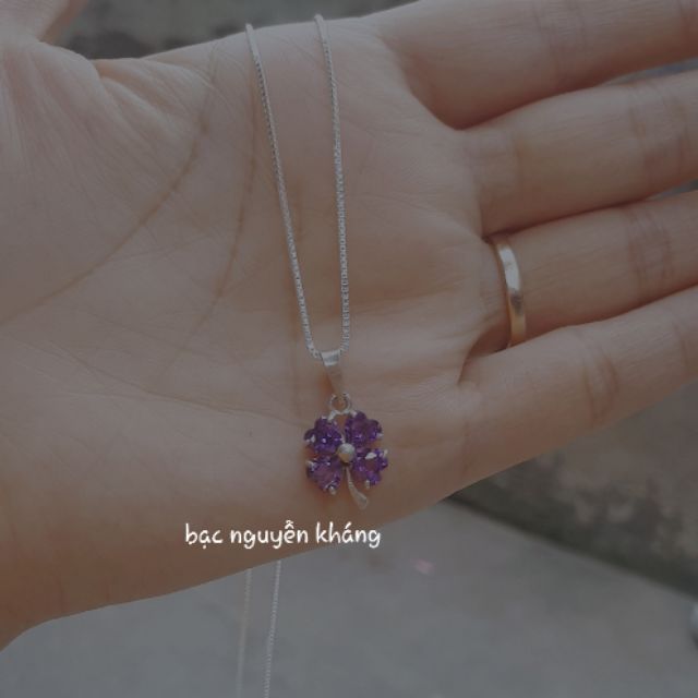 DÂY CHUYỀN NỮ BẠC TA MẶT CỎ 4 LÁ ĐÁ MÀU TÍM