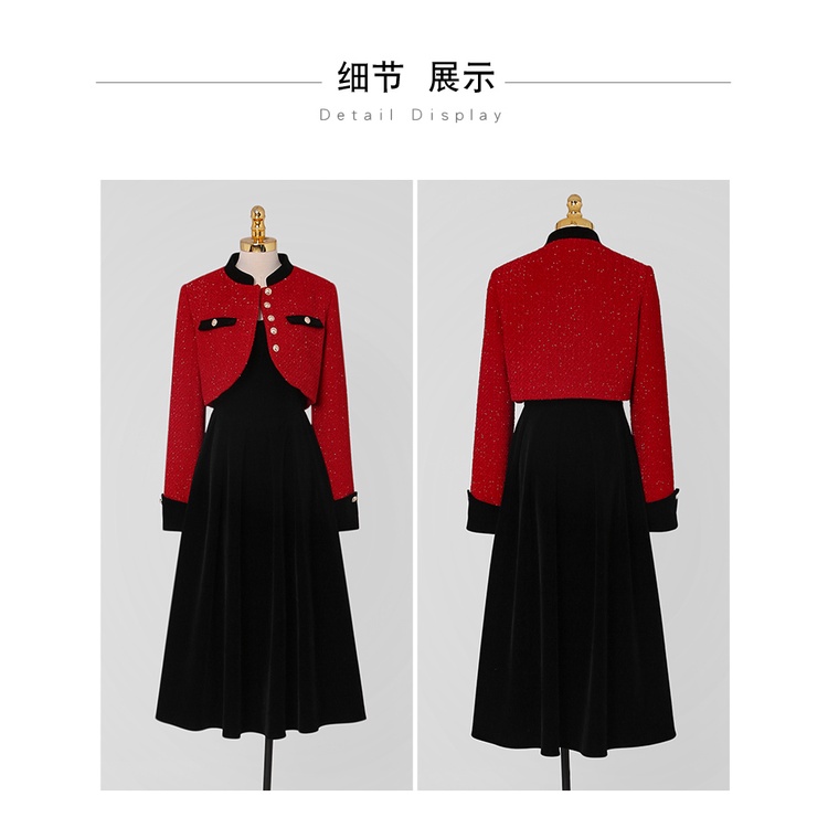 Xiaoxiangfeng OL Bộ Áo Khoác Vest Ngắn Vải Tweed Đỏ Phối Chân Váy Nhung Đen Phong Cách Phương Tây Thời Trang Mùa Thu 2022