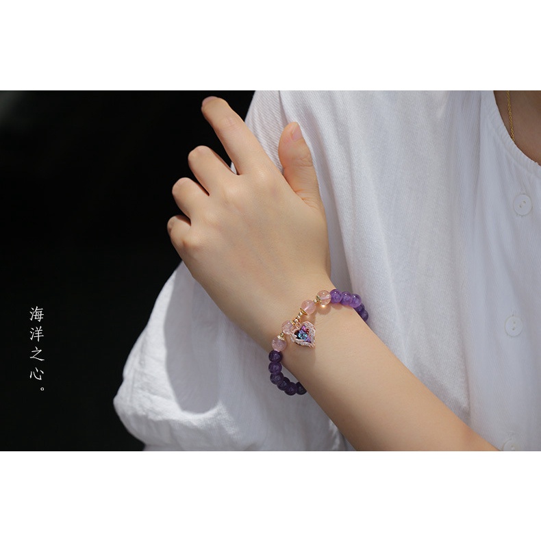 [Hàng Mới Về] Vòng Tay Đính Pha Lê Thạch Anh Tím Trái Tim Đại Dương Phong Cách Đơn Giản Cho Nữ