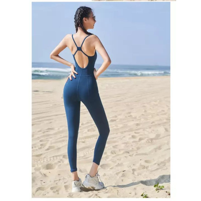 BỘ ĐỒ LIỀN THÂN - JUMPSUIT TẬP YOGA CAO CẤP HỞ LƯNG XANH NAVY