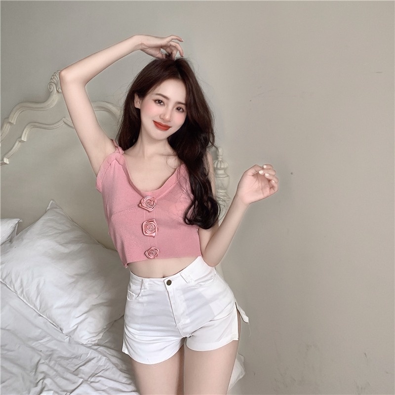 【ZHELIHANGFEI】Áo Sát Nách Dệt Kim Hở Vai Thêu Hoa Hồng Ba Chiều Thời Trang Cho Nữ