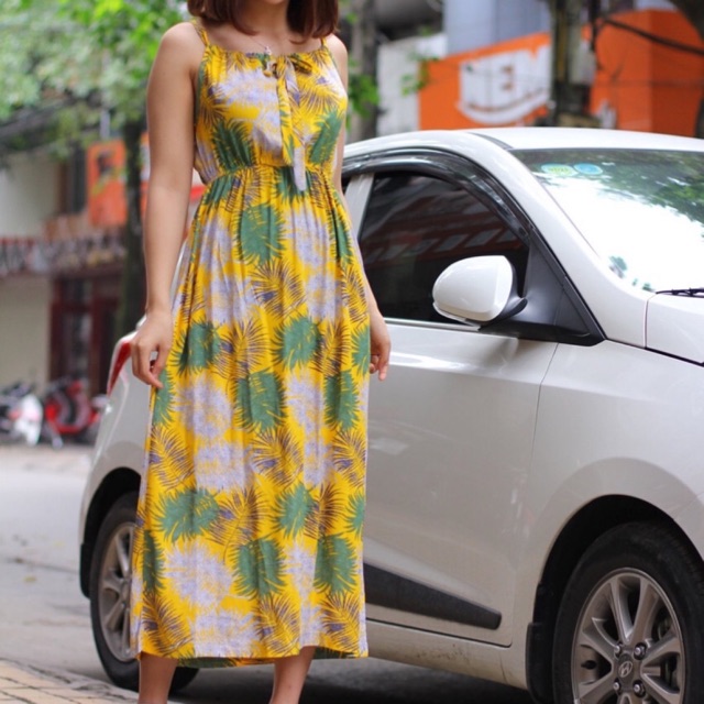 Váy maxi hai dây lanh Thái xuất dư freesize