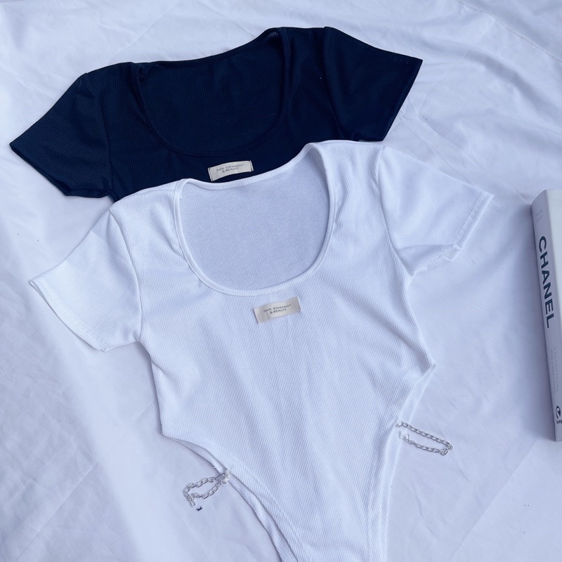 Áo Bodysuit ôm cổ U phối xích eo - Kèm hình thật