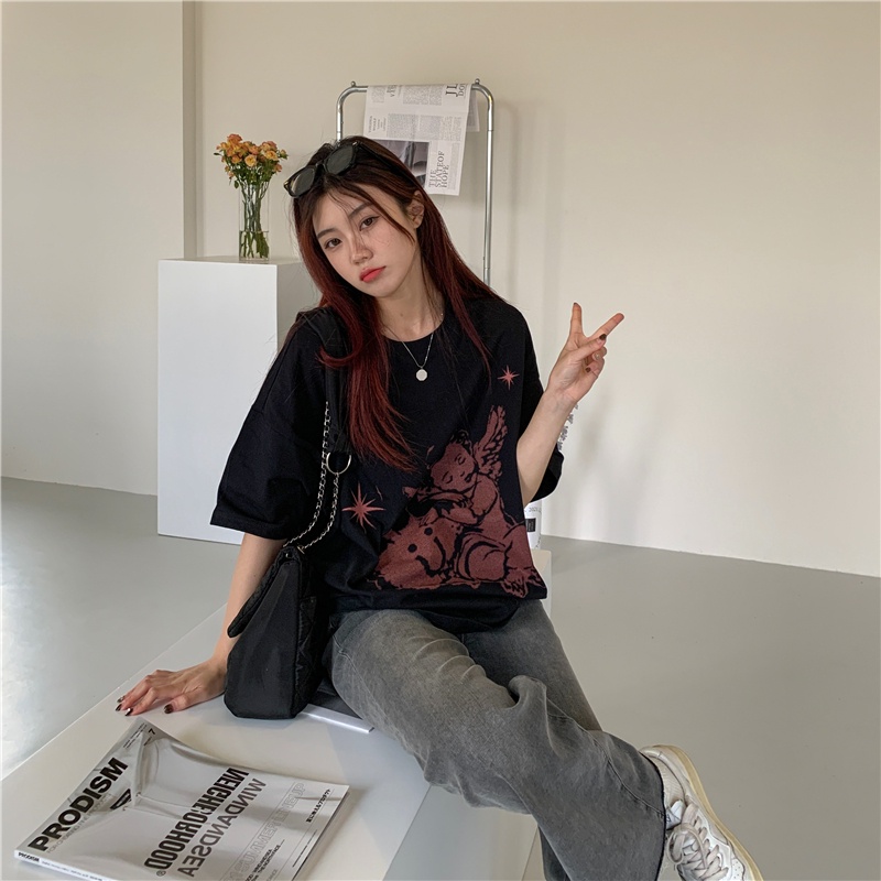 SUXI Áo Thun Nữ Ngắn Tay Cổ Tròn In Hình Thiên Thần Phong Cách Thể Thao