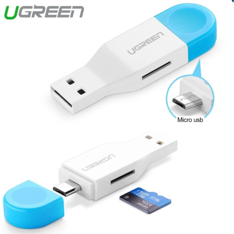 Đầu đọc thẻ TF/Micro-SD 2 cổng USB + OTG Chính hãng Ugreen 30358 tốc độ 480Mbps