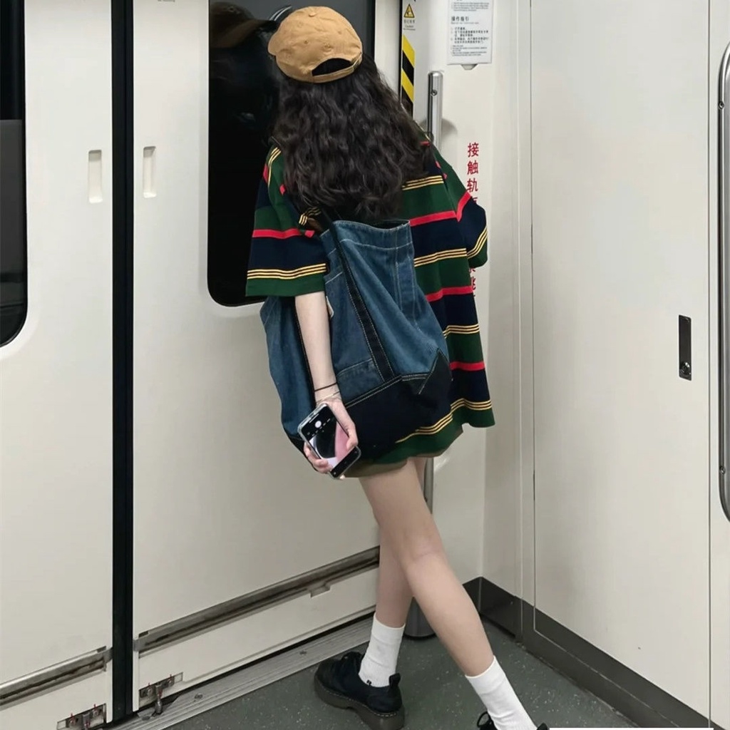 Jiashucheng Áo Thun Nữ Ngắn Tay Cổ Tròn Sọc Ngang Thời Trang Mới