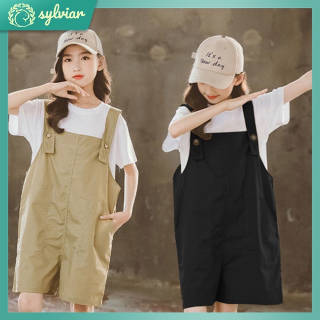 Set Đồ 2 Món Gồm Áo Cotton Tay Ngắn Màu Trơn + Quần Yếm Cho Bé Từ 7-12 Tuổi