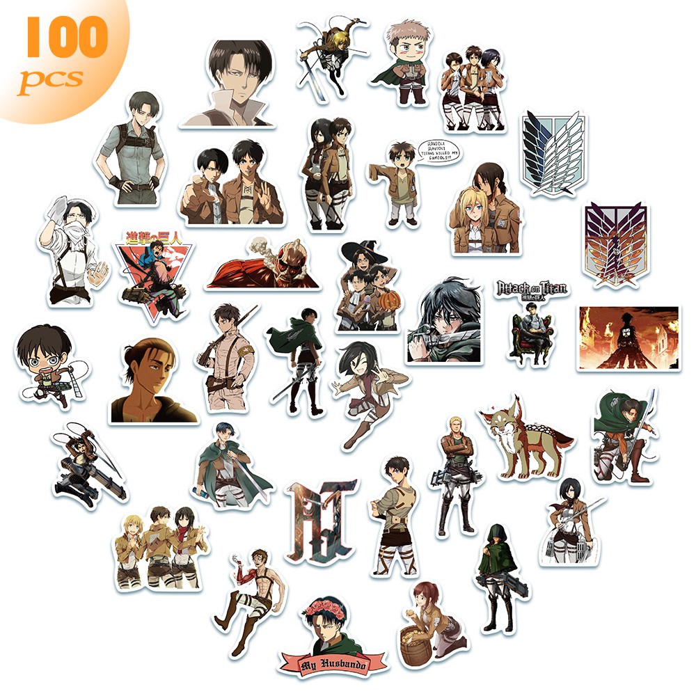 Bộ 100 miếng dán trang trí họa tiết anime Attack On Titan chống thấm nước đáng yêu