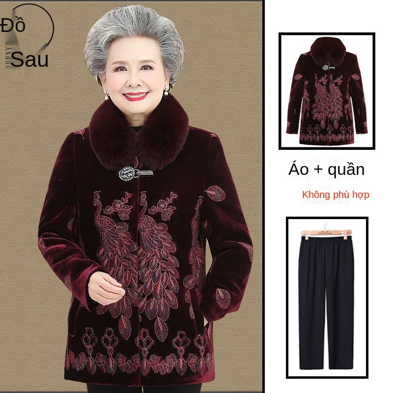 Quần áo mùa đông cho phụ nữ trung niên và cao tuổi 60-80 tuổi, áo khoác lông chồn dài mẹ