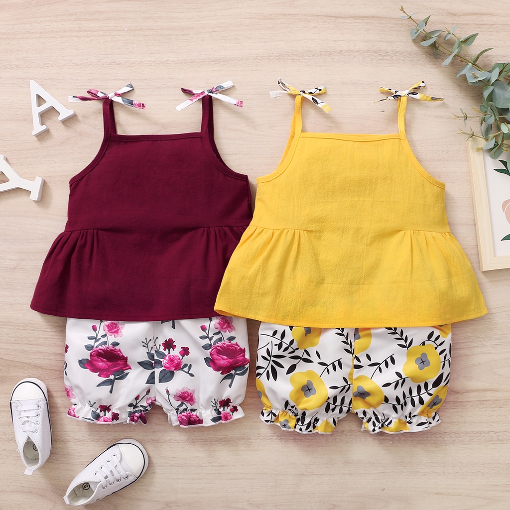 Set đồ Mikrdoo áo dây dễ thương + quần short hoa mùa hè thời trang cho bé gái