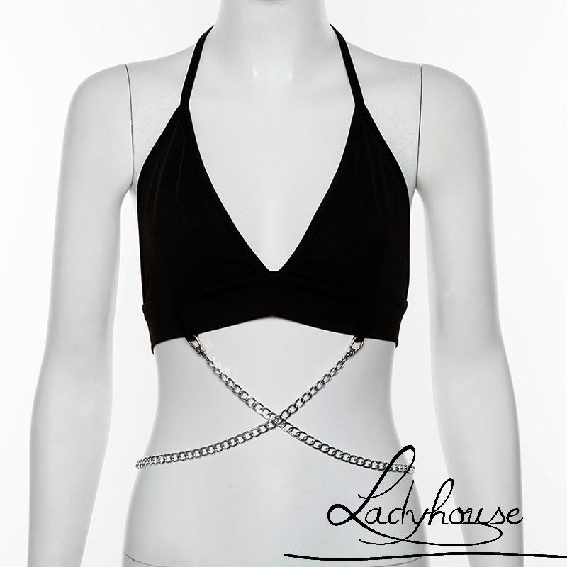 Áo Croptop Hai Dây Cổ Chữ V Hở Lưng Có Dây Xích Gợi Cảm Cho Nữ