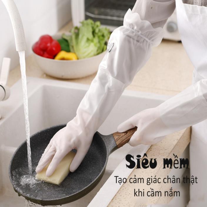 [XẢ KHO+FREE SHIP] Găng tay cao su rửa bát dài có dây thun chống tuột có lót nỉ