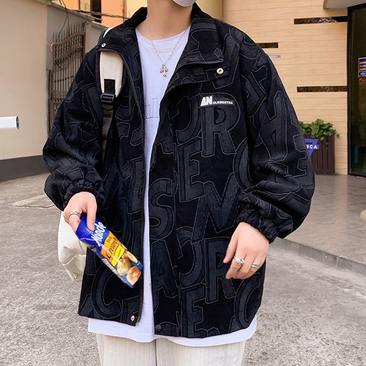 Áo Khoác Nhung Kẻ Dáng Rộng Phối Khóa Kéo In Chữ Thời Trang Mùa Thu Cho Nam Giới