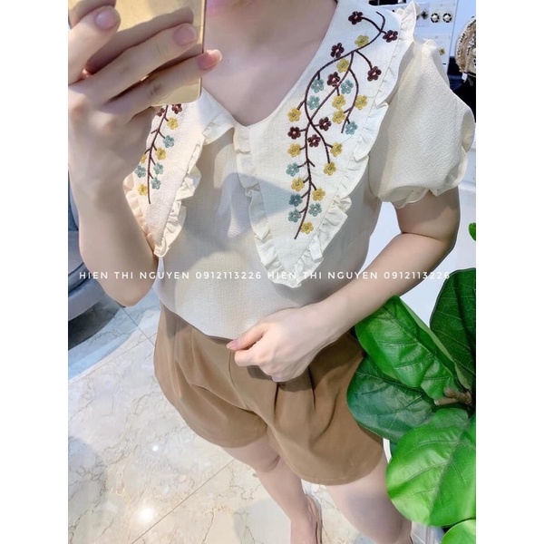 Set bộ sơ mi đũi trắng cổ thêu hoa mix sooc kaki nâu be