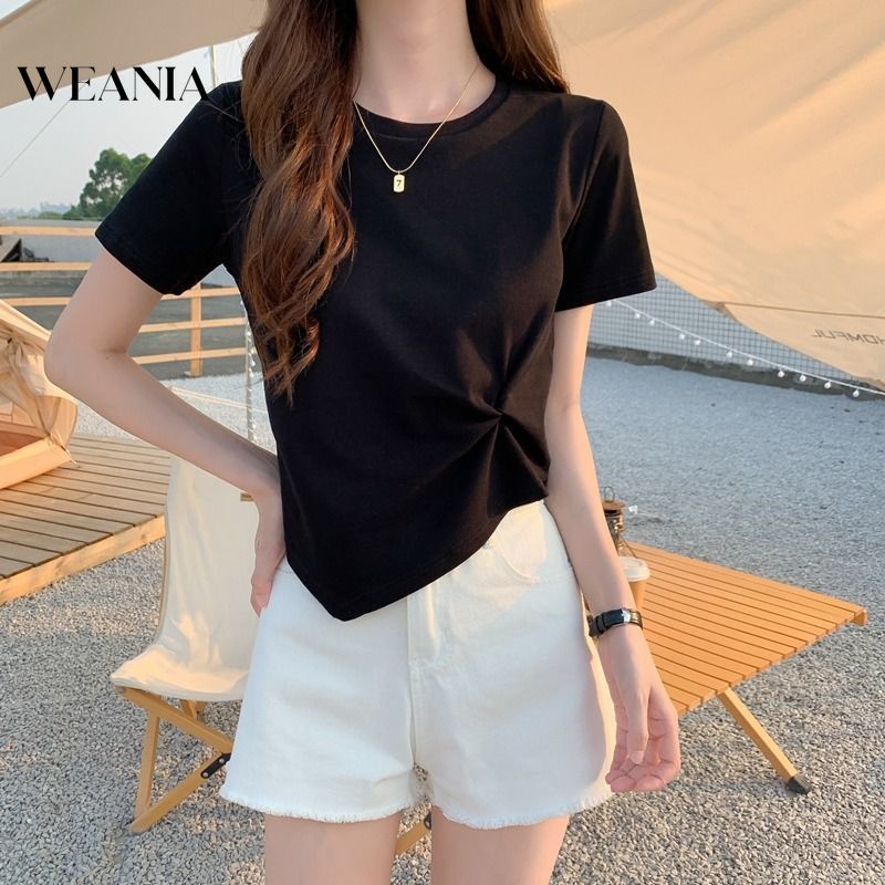 Áo Thun Ngắn Tay Màu Trơn Xếp Ly Thời Trang Cho Nữ