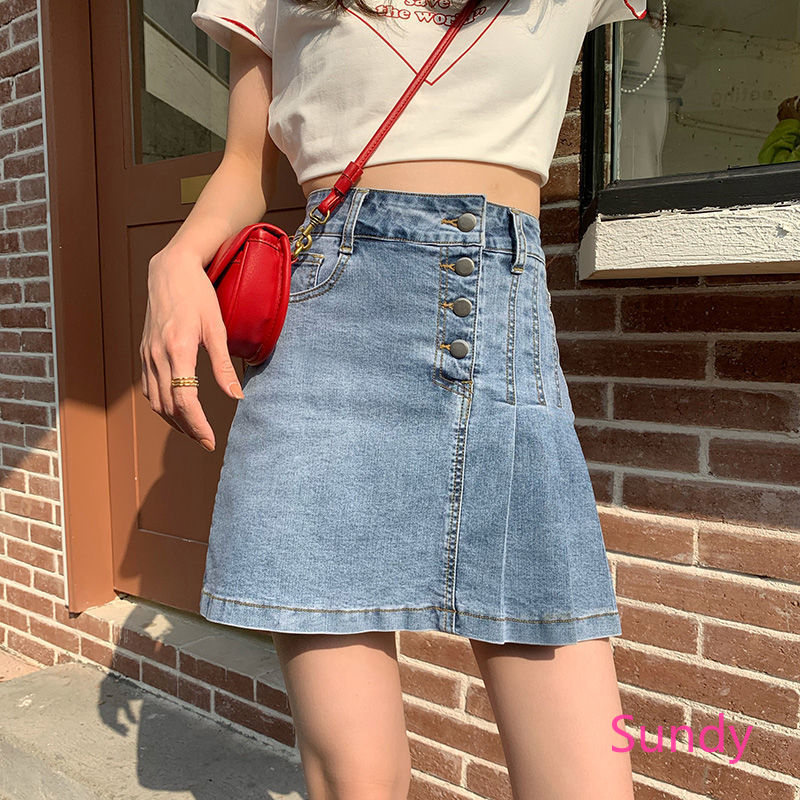 Chân váy jean dáng chữ a lưng cao xếp ly thời trang mùa hè cho nữ
