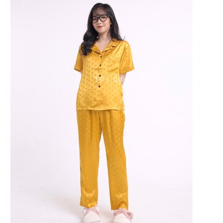 Đồ ngủ pijama lụa gấm chấm bi cộc dài