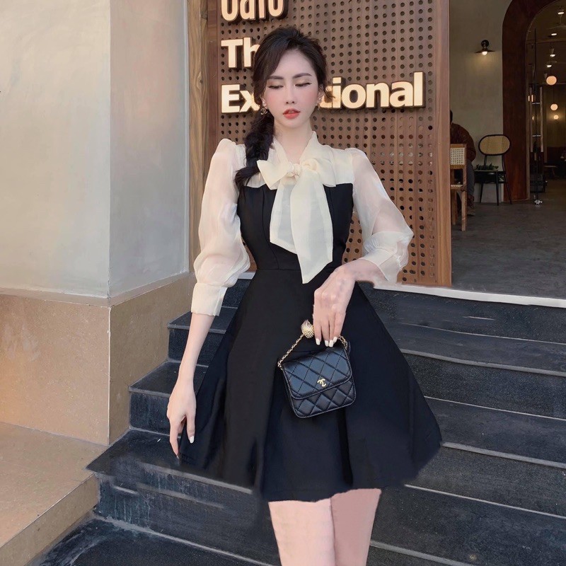 ĐẦM PHỐI ĐEN - KEM THẮT NƠ |hình thật chụp sàn|