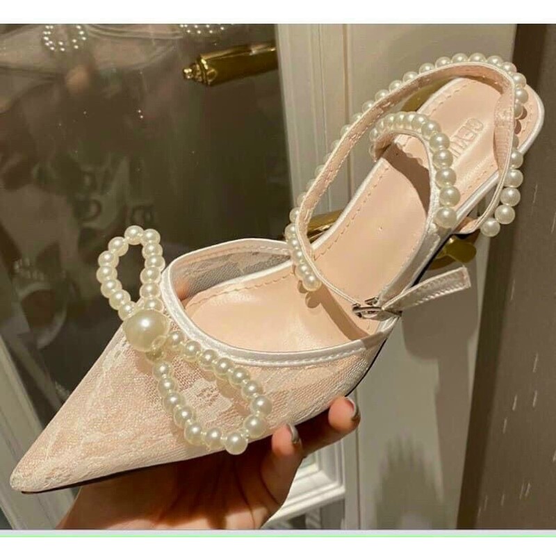 Sandal quai ren đính ngọc gót 5cm
